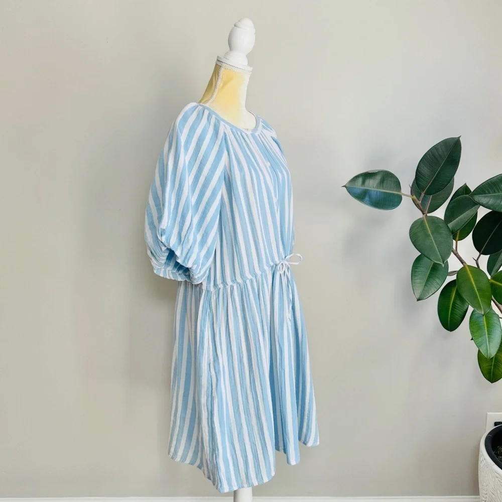 Old Navy Waist-Defined Puff-Sleeve Stripe Gauze Mini Shirt Dress size LTall NWT - Picture 6 of 10